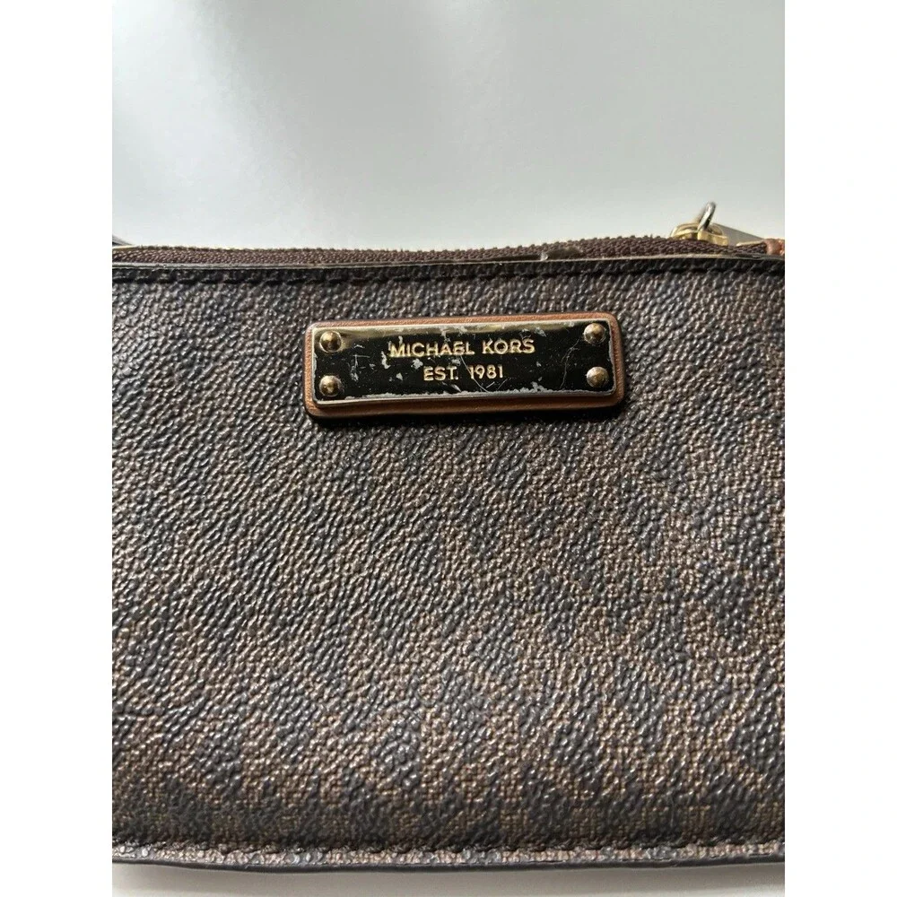 Michael Kors Brown Wristlet - MK Logo- ID Window- Zip Compartment- Pre-Owned